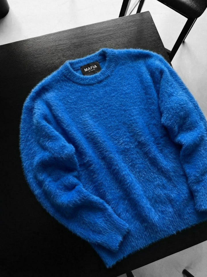 Oversize Wełniany Sweter z Włóczki - Jasny Saks