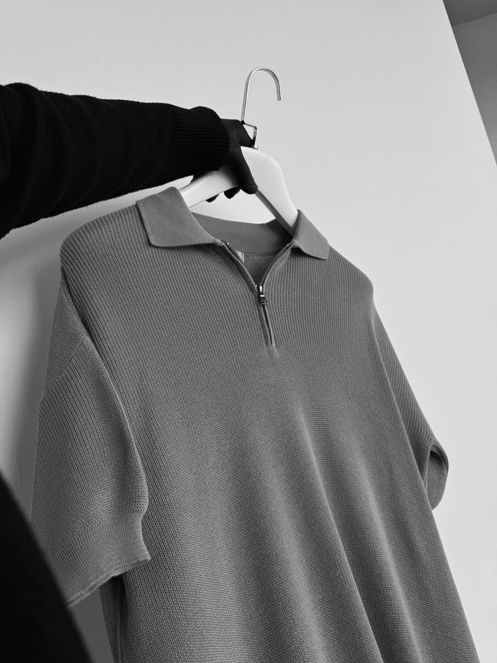 Oversize Zipper Knit Polo T-shirt - Szary