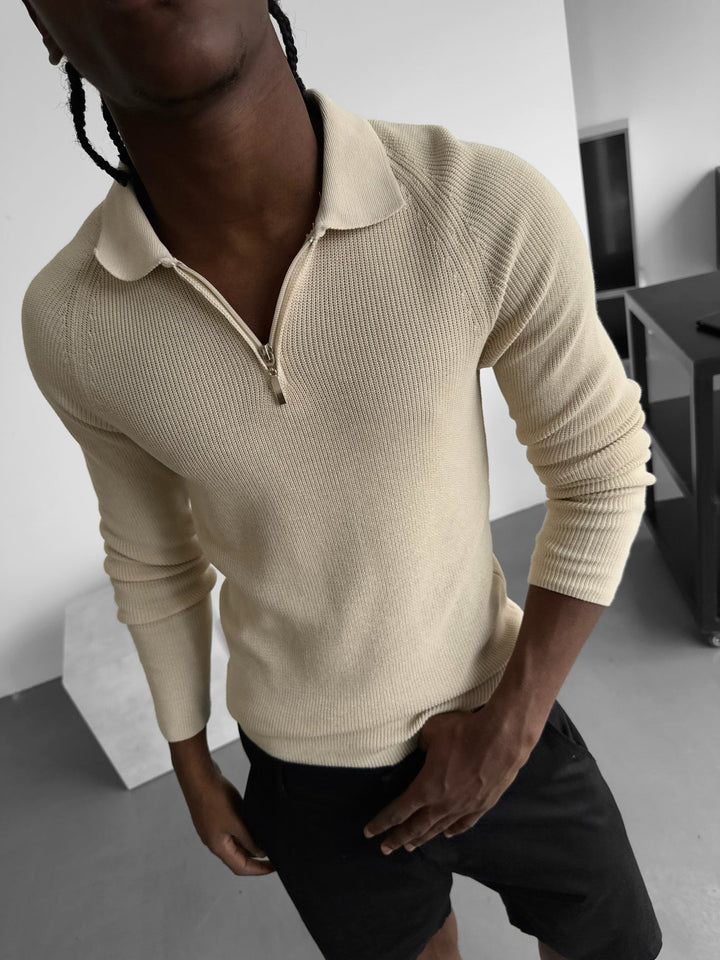 Sweter Polo z Zippem Slim Fit - Beżowy