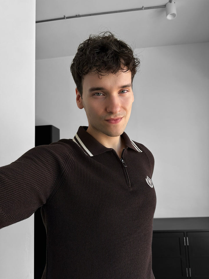 Slim Fit Half-Zip Haftowany Sweter Polo - Ciemnobrązowy