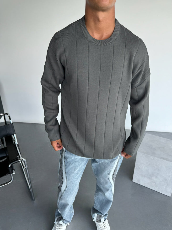 Oversize Lines Knit Sweatshirt - Antracyt