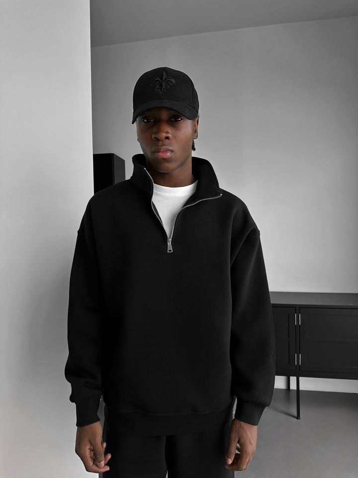 Oversize Half-Zip Polo Sweatshirt - Czarny