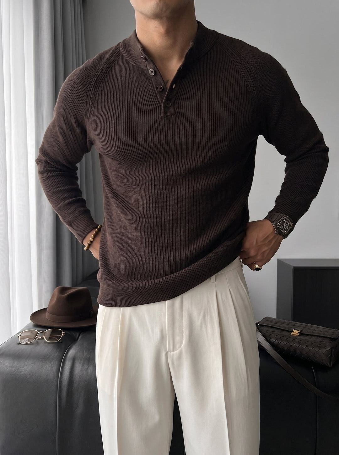 Sweter Slim Fit - Ciemnobrązowy