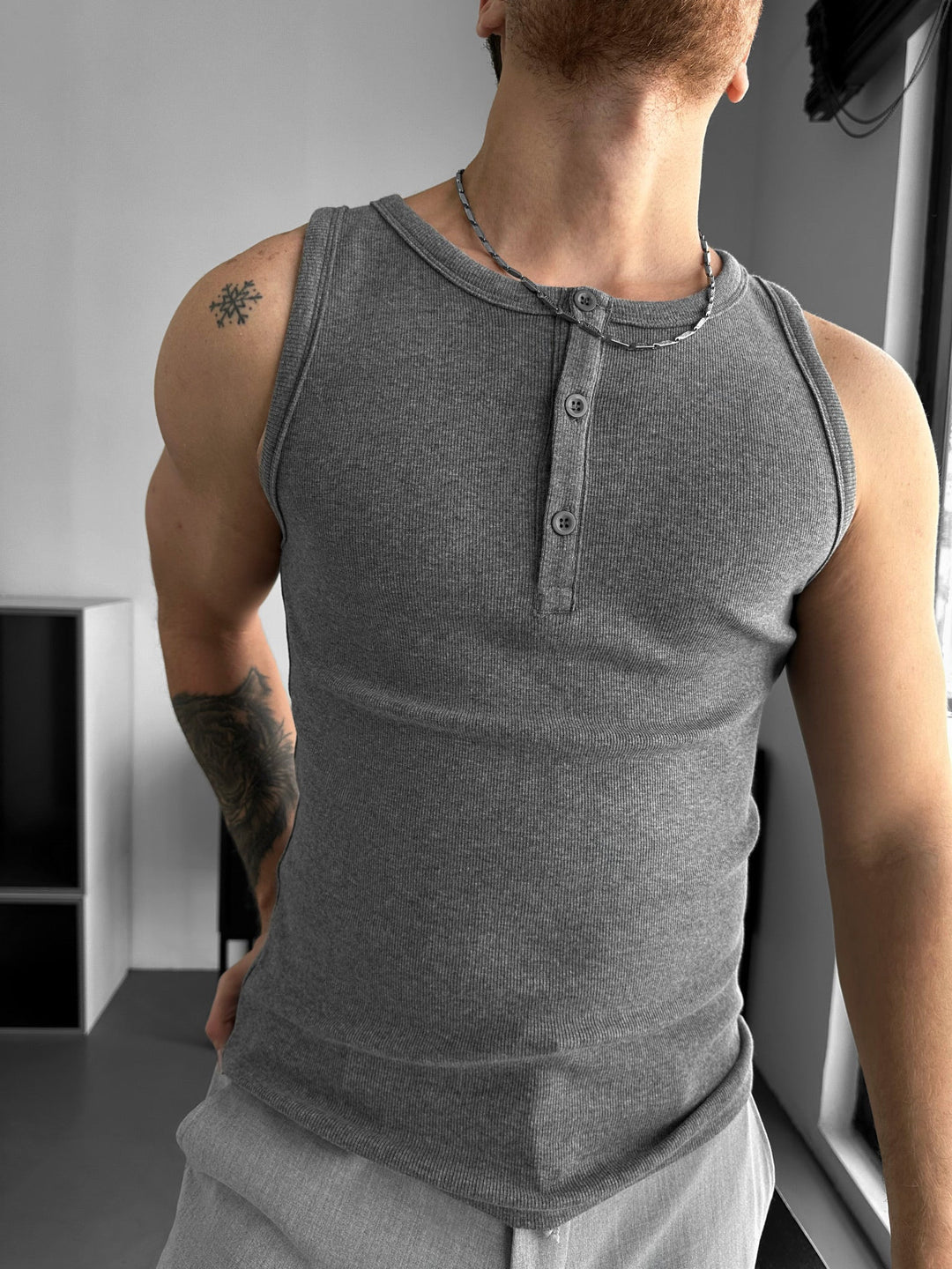 Slim Fit Button Tanktop - Antracytowy Melanż