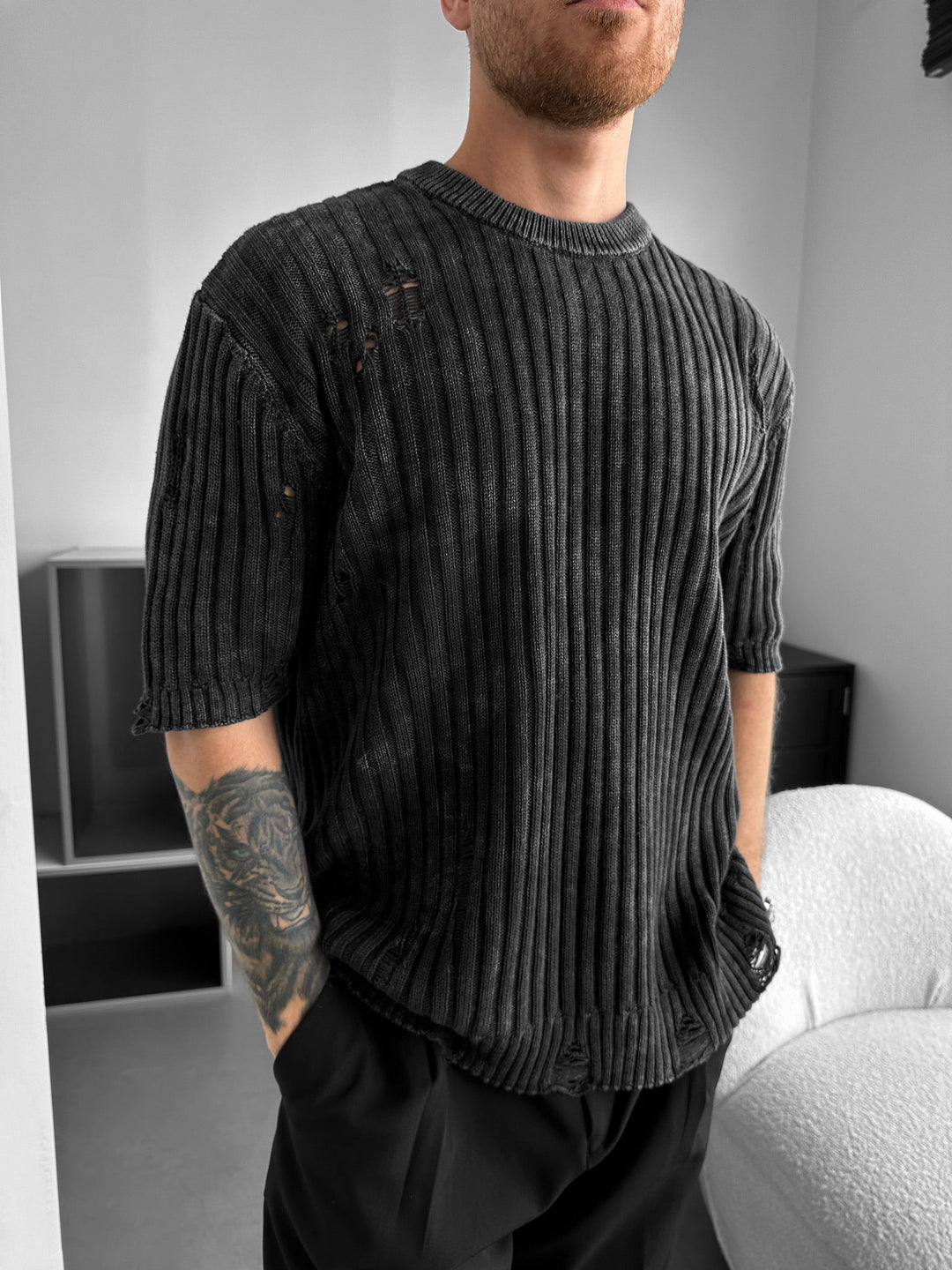 Oversize Torn Washed Knit T-shirt - Czarny