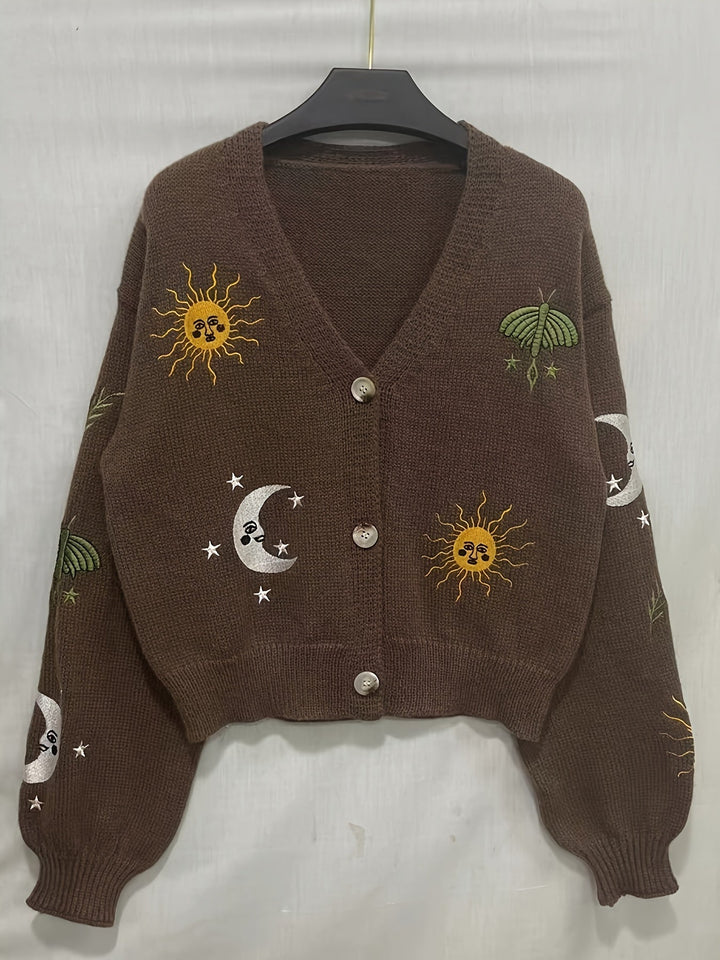 Celestial haftowany Lantern-Sleeve kardigan