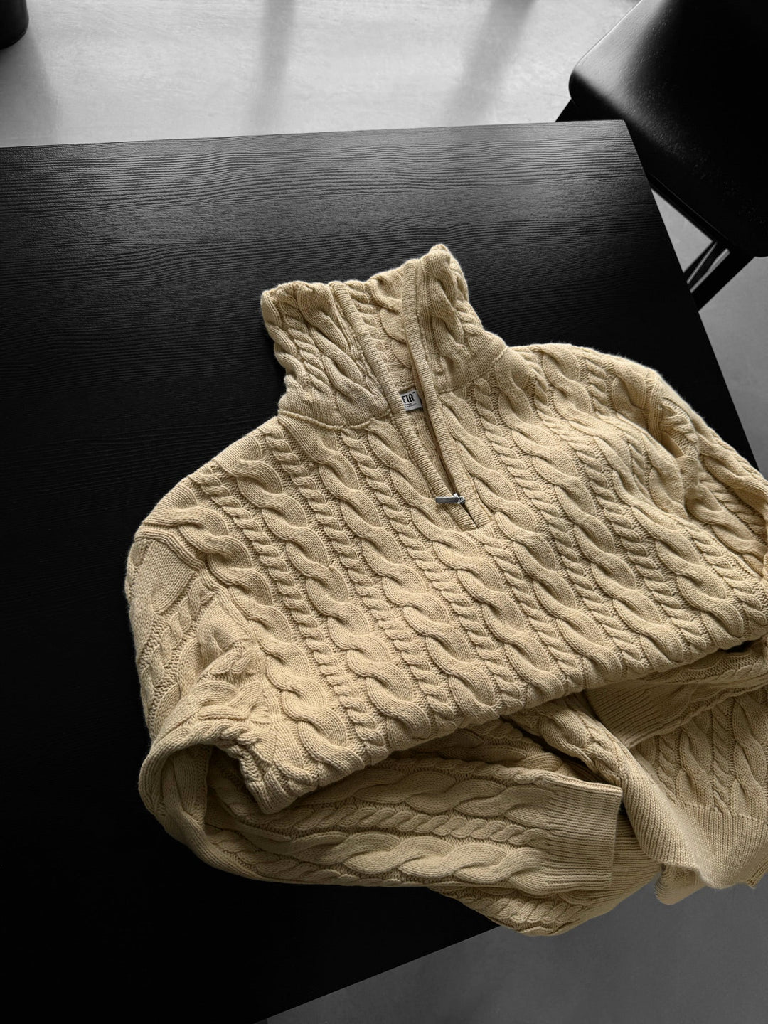 Oversize Kołnierz Splot Zamek Sweter - Beżowy