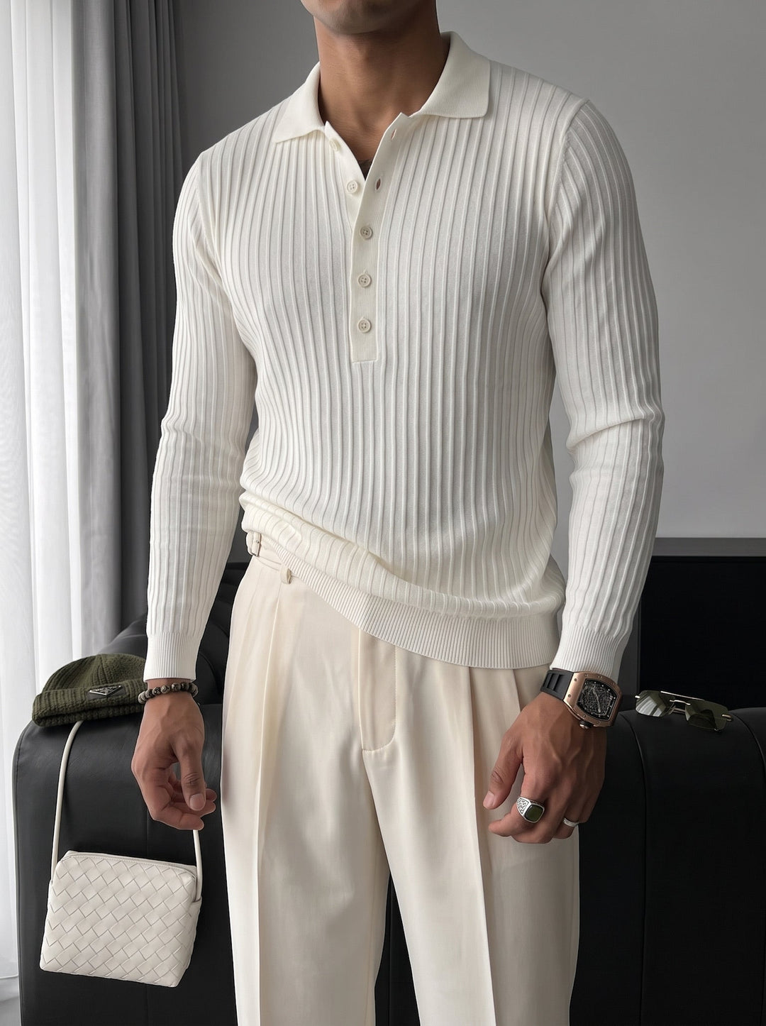 Sweter Polo Slim Fit - Ecru