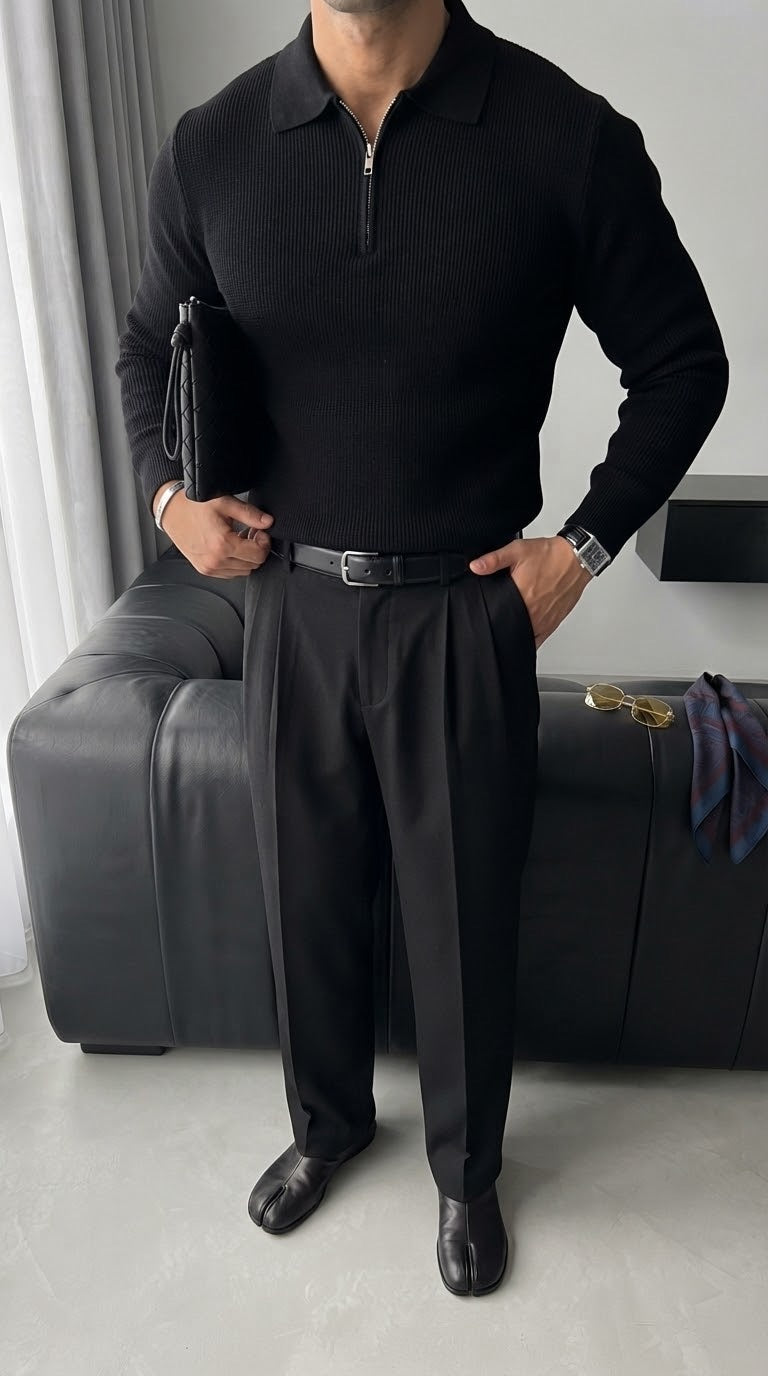 Luźny Sweter Polo - Czarny