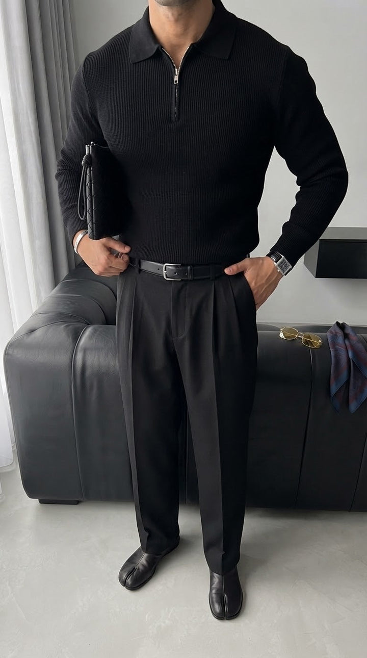 Luźny Sweter Polo - Czarny