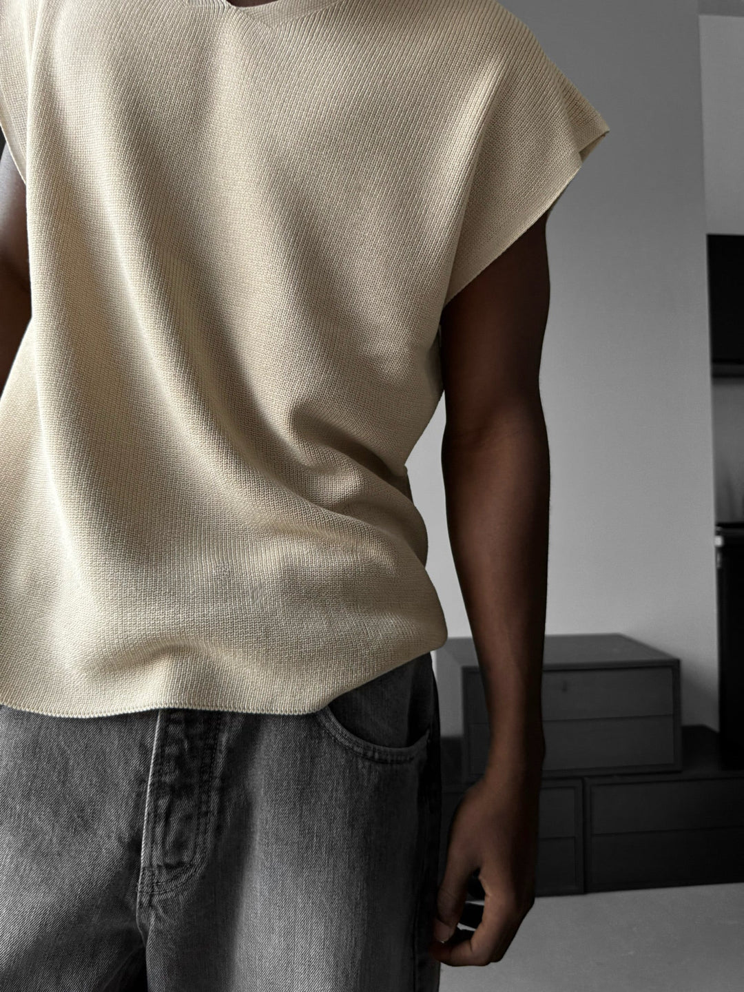 Oversize Rolowany Brzeg Tanktop - Beżowy