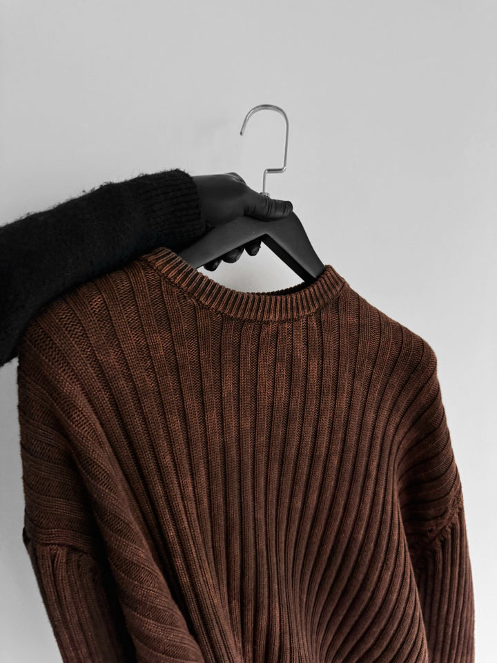 Oversize Ribbed Washed Sweater - Brązowy