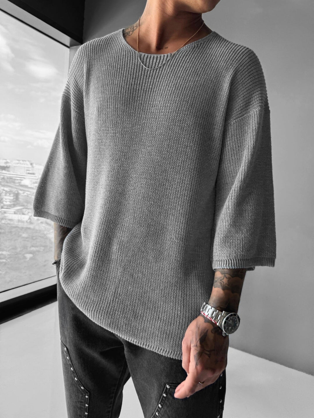 Oversize Długi T-Shirt Dzianinowy - Szary