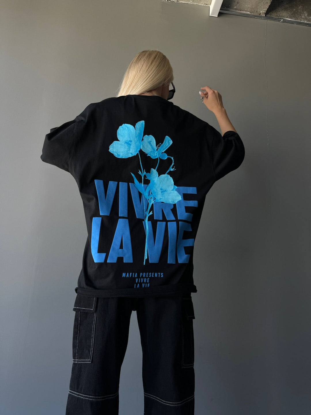T-shirt Oversize Vivre la Vie - Czarny i Niebieski