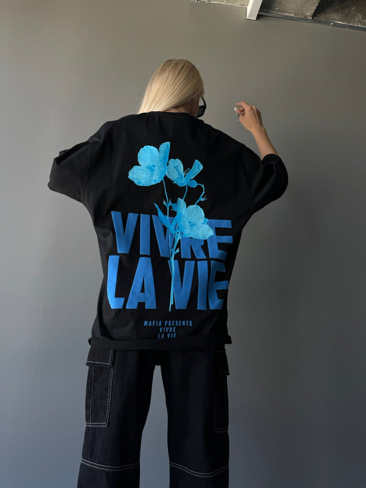 T-shirt Oversize Vivre la Vie - Czarny i Niebieski