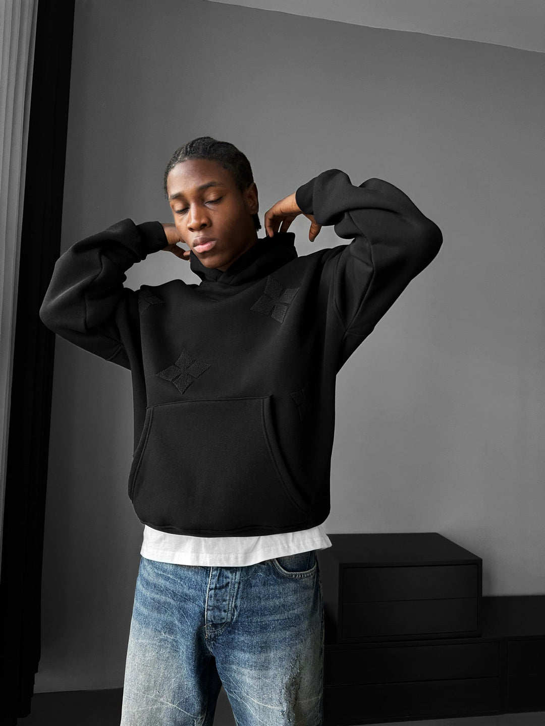Oversize Szczegółowy Hoodie - Czarny