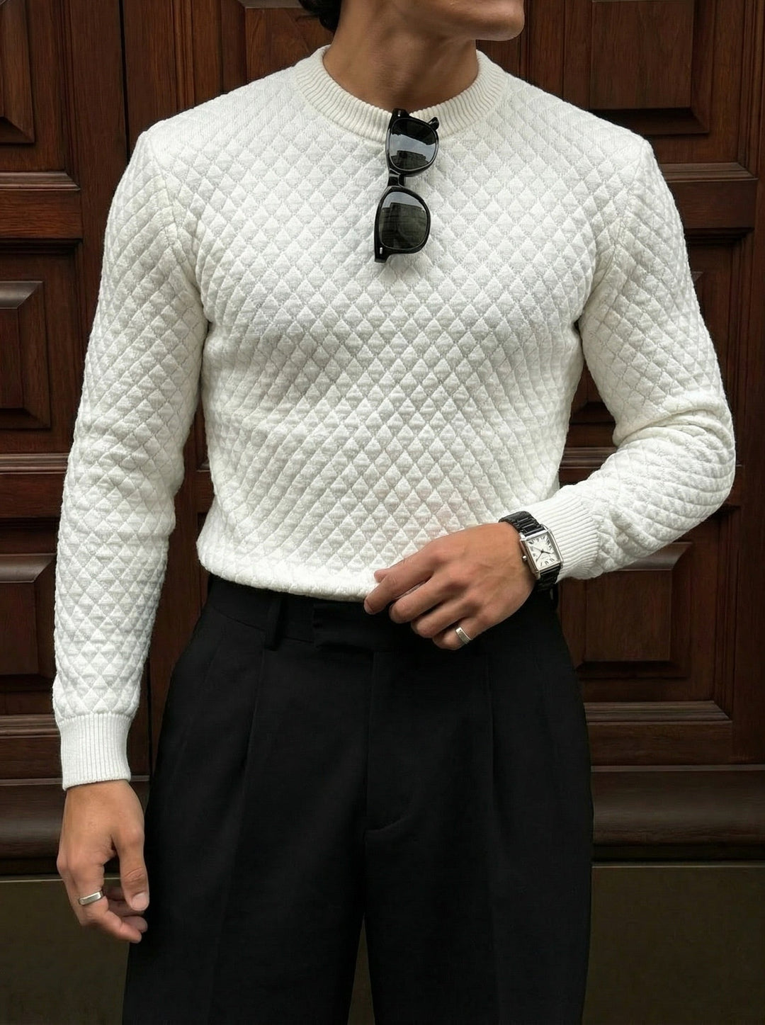 Sweter Slim Fit z Teksturowanym Wzorem - Ecru