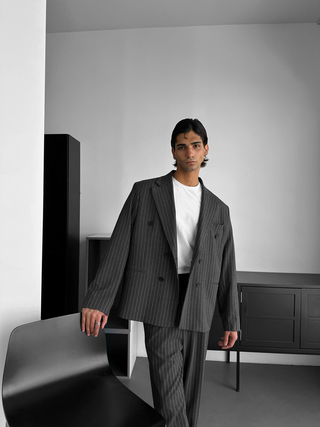 Oversize Pinstripe Podwójnie Zapięty Garnitur - Antracyt
