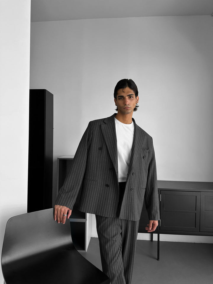 Oversize Pinstripe Podwójnie Zapięty Garnitur - Antracyt