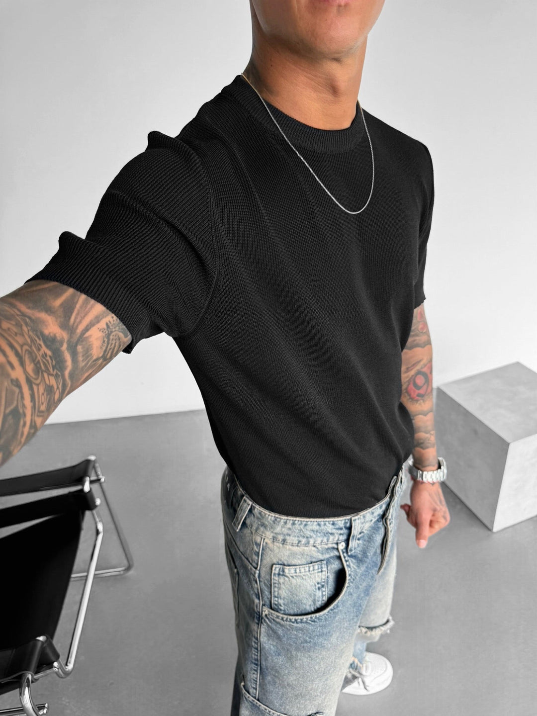 Oversize T-shirt dzianinowy - Czarny