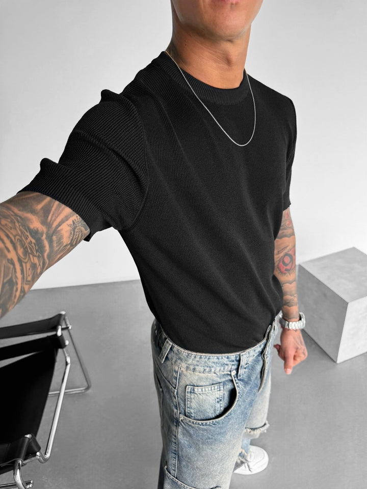 Oversize T-shirt dzianinowy - Czarny