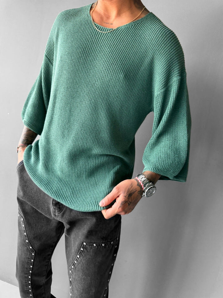 Oversize Długi T-Shirt Dzianinowy - Petrol