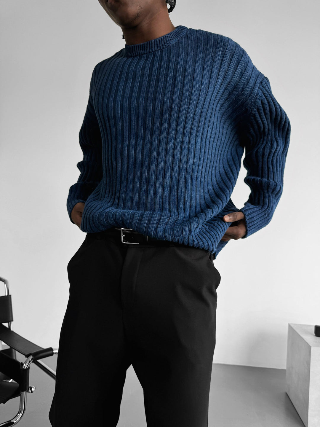 Oversize Ribbed Washed Sweater - Niebieski