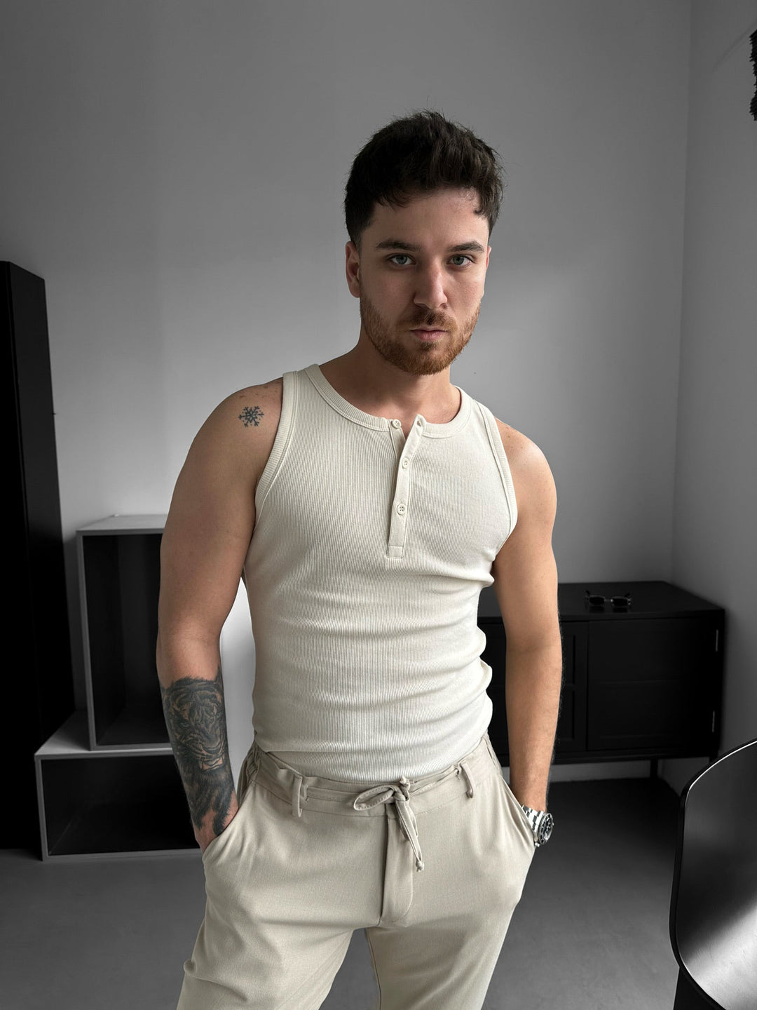 Slim Fit Button Tanktop - Beżowy