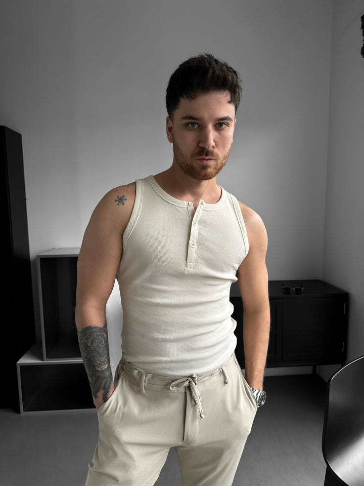 Slim Fit Button Tanktop - Beżowy