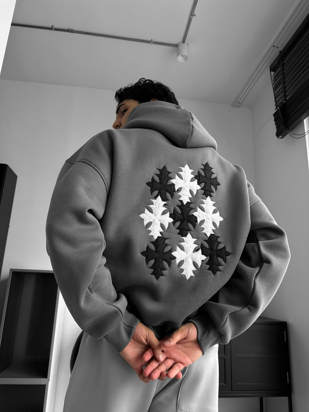 Oversize Gothic Cross Hoodie - Antracyt