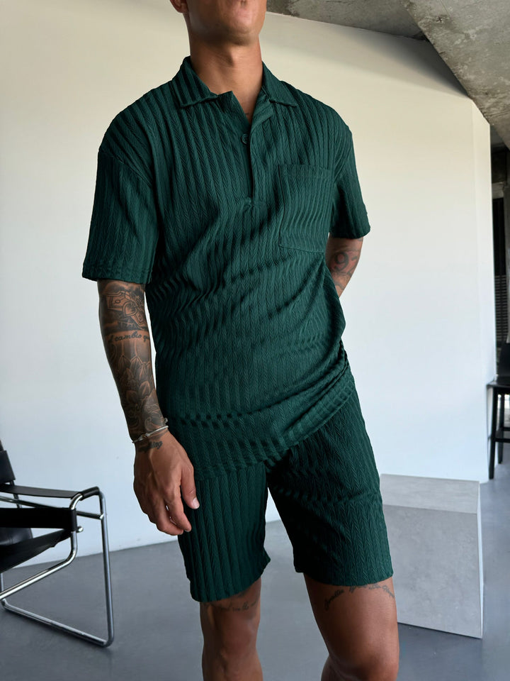 Oversize Strukturalna Koszulka Polo - Las Deszczowy