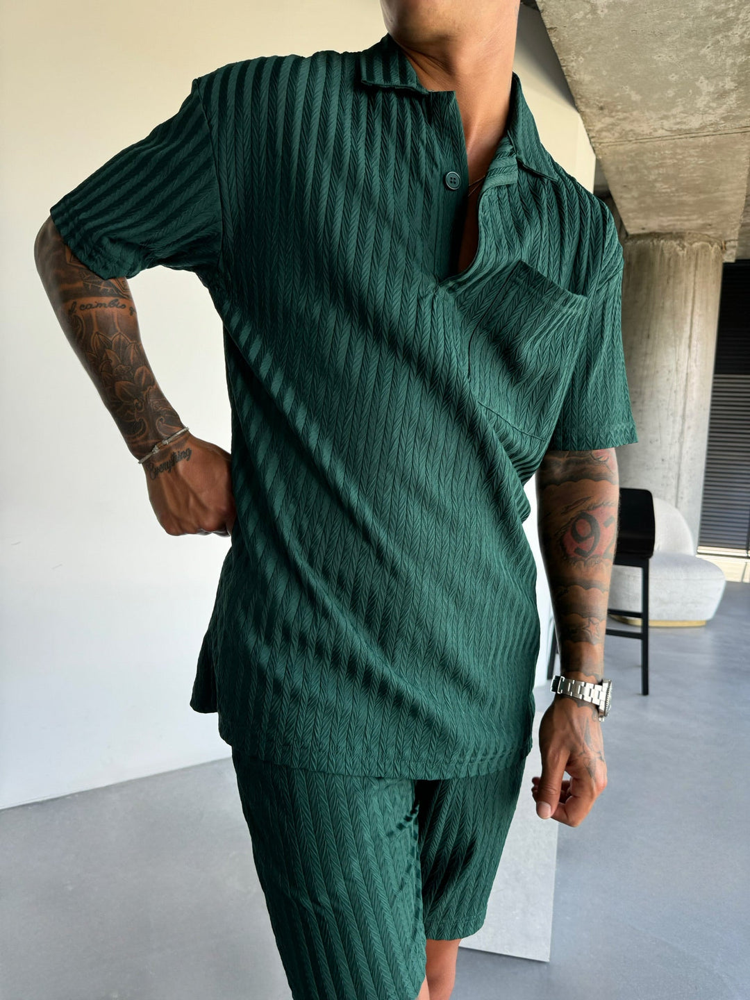 Oversize Strukturalna Koszulka Polo - Las Deszczowy