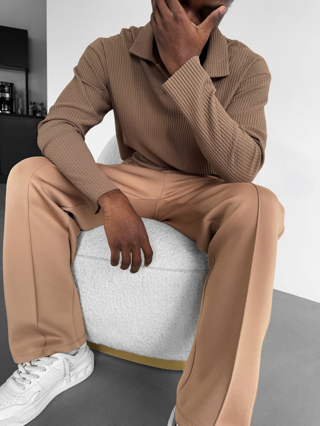 Oversize Ribbed Long Arm Polo T-shirt - Brązowy