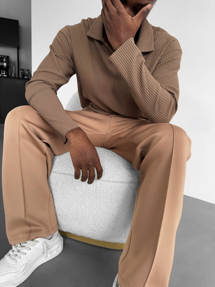Oversize Ribbed Long Arm Polo T-shirt - Brązowy