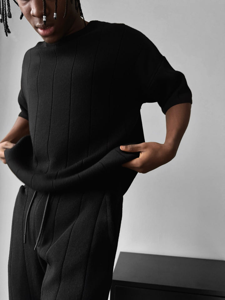 T-shirt Oversize z Dzianiny - Czarny