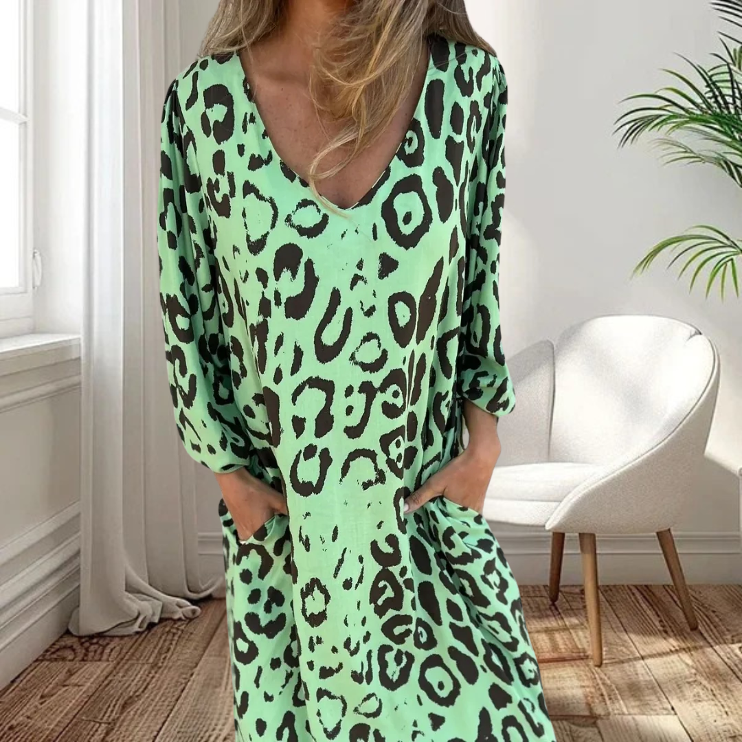 Stylowy długi dekolt V Leopard sukienka