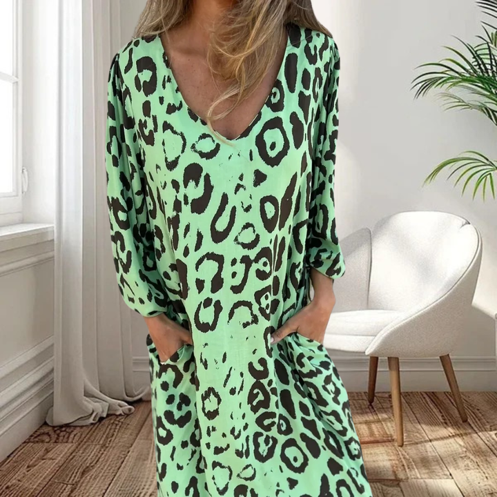 Stylowy długi dekolt V Leopard sukienka