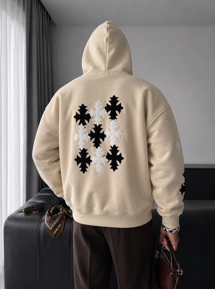 Hoodie Oversize z Gothic Krzyżem - Beżowy