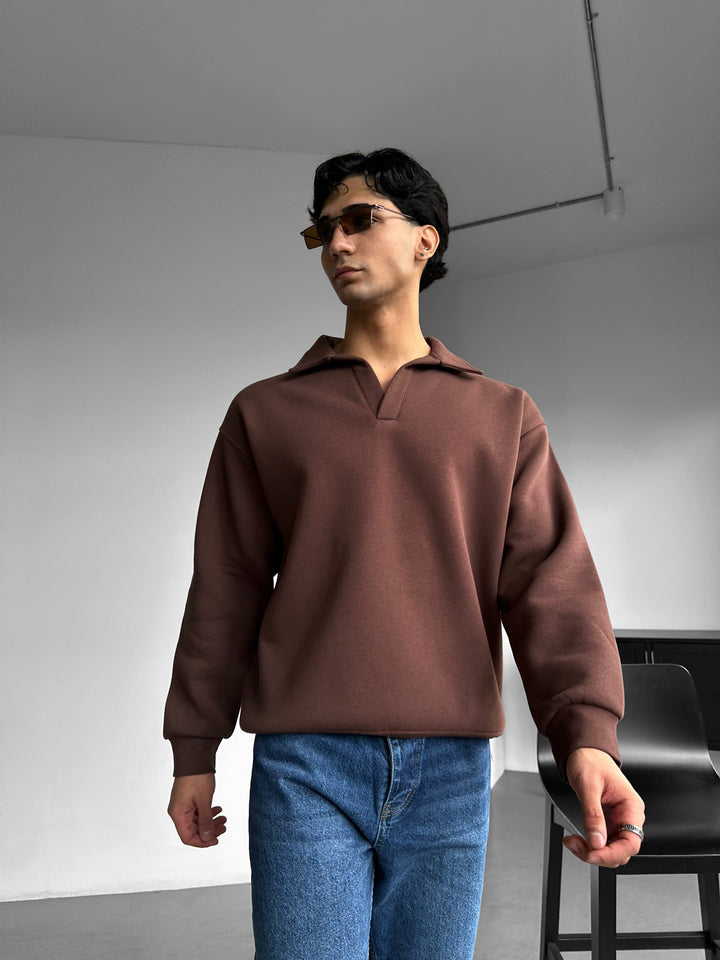 Oversize Podstawowa Bluza Polo - Czekoladowy Brąz