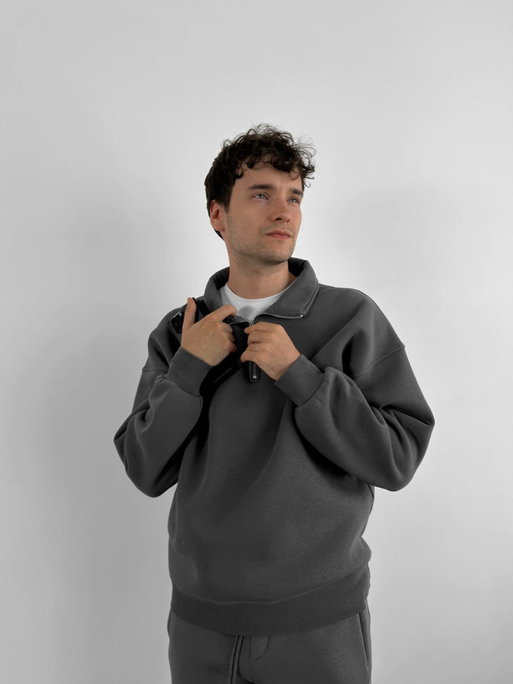 Oversize Polo Sweatshirt z Półzamkiem - Antracyt