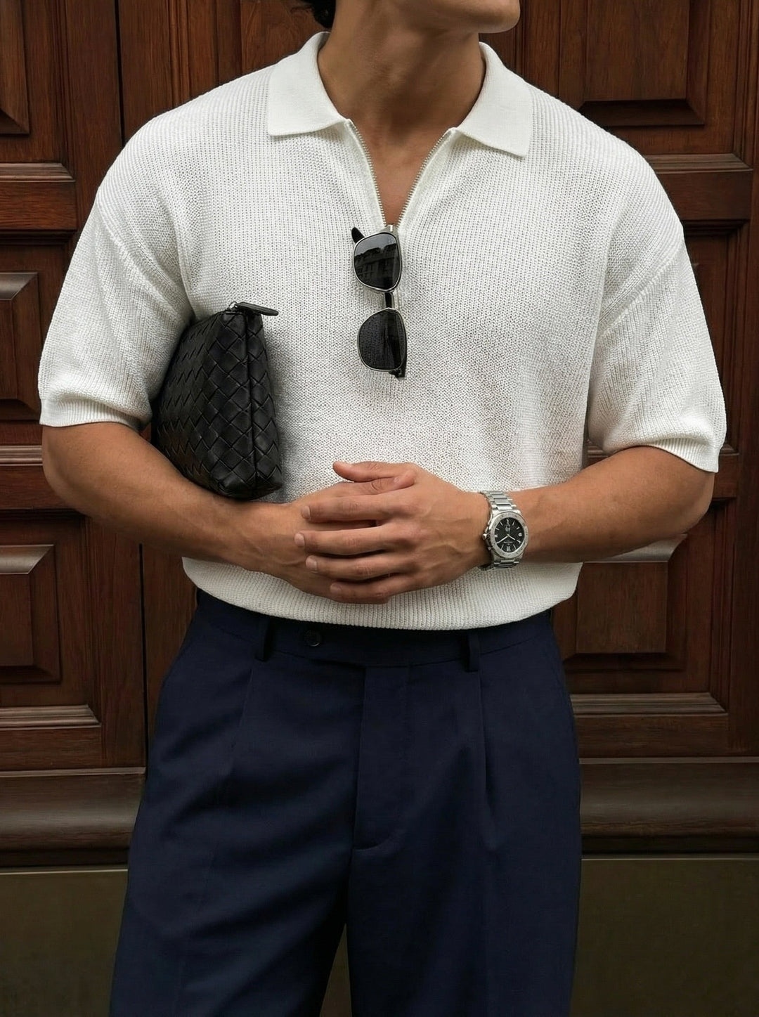 Oversize Zipper Knit Polo T-shirt - Ecru