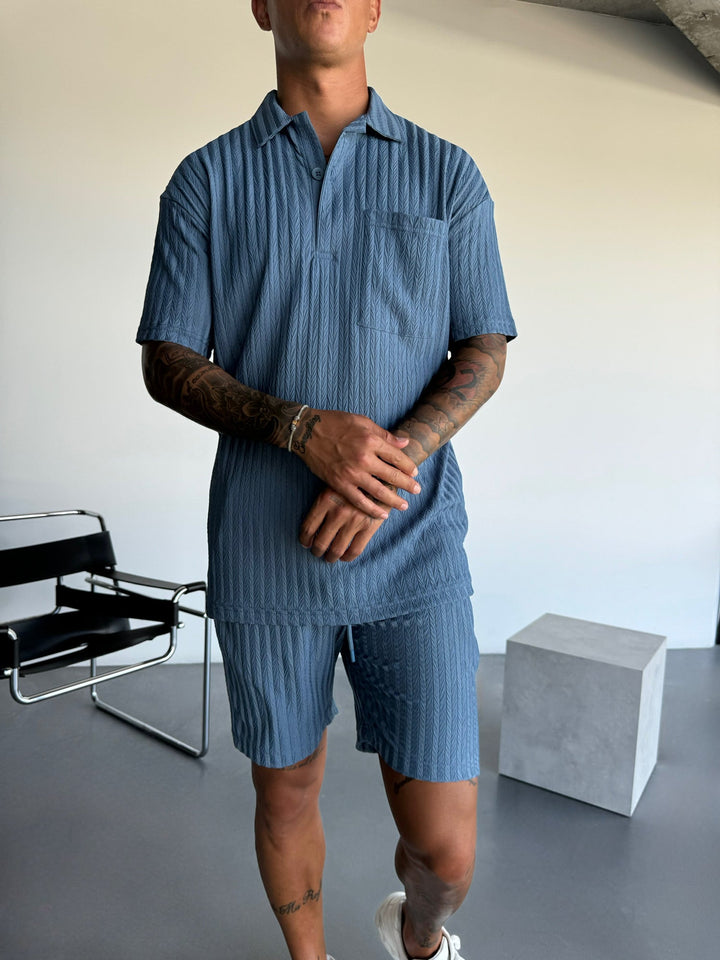 Oversize Structured Polo T-Shirt - Koronowy Niebieski