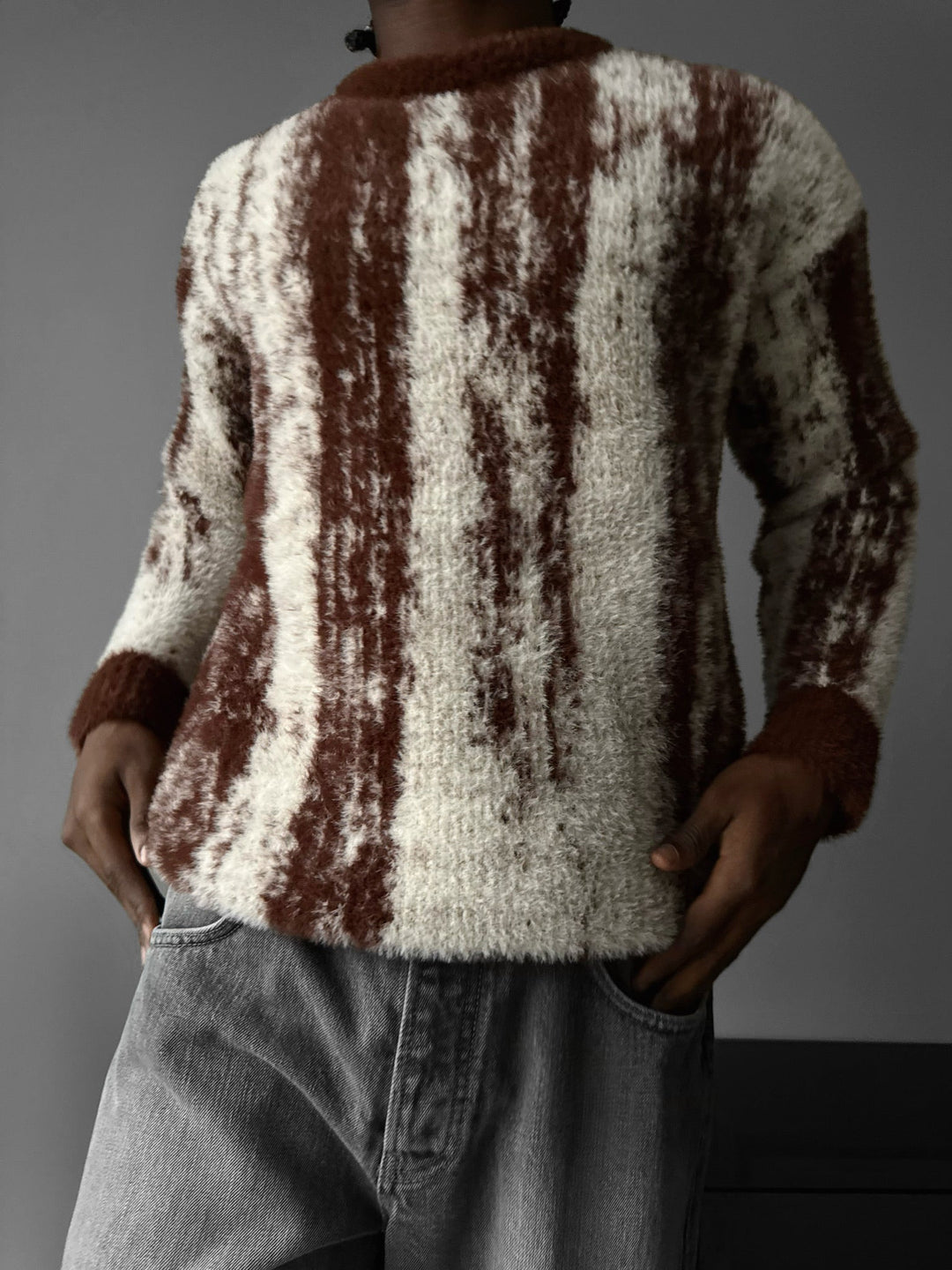 Oversize Brushstroke Effect Knit Pullover - Czekolada