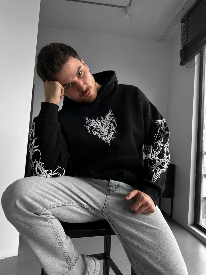 Oversize Tribal Skull Hoodie - Czarny