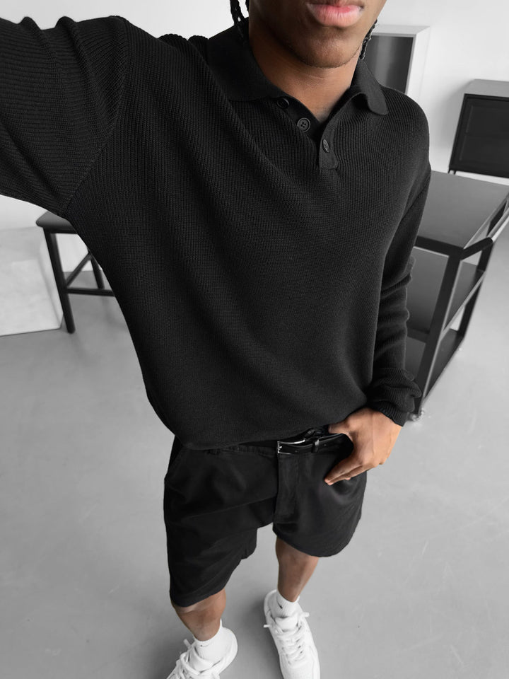 Luźny Sweter Polo z Dzianiny - Czarny
