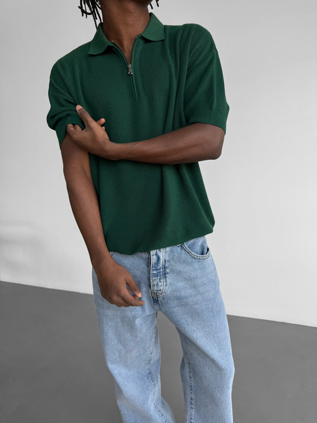 Oversize Zipper Knit Polo T-shirt - Szmaragdowy