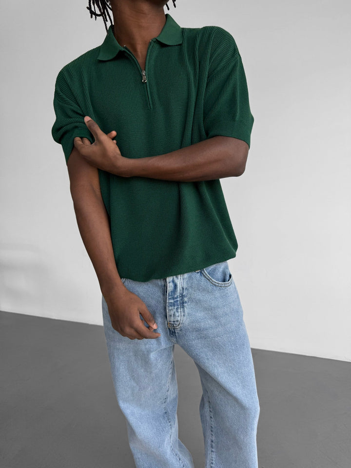 Oversize Zipper Knit Polo T-shirt - Szmaragdowy