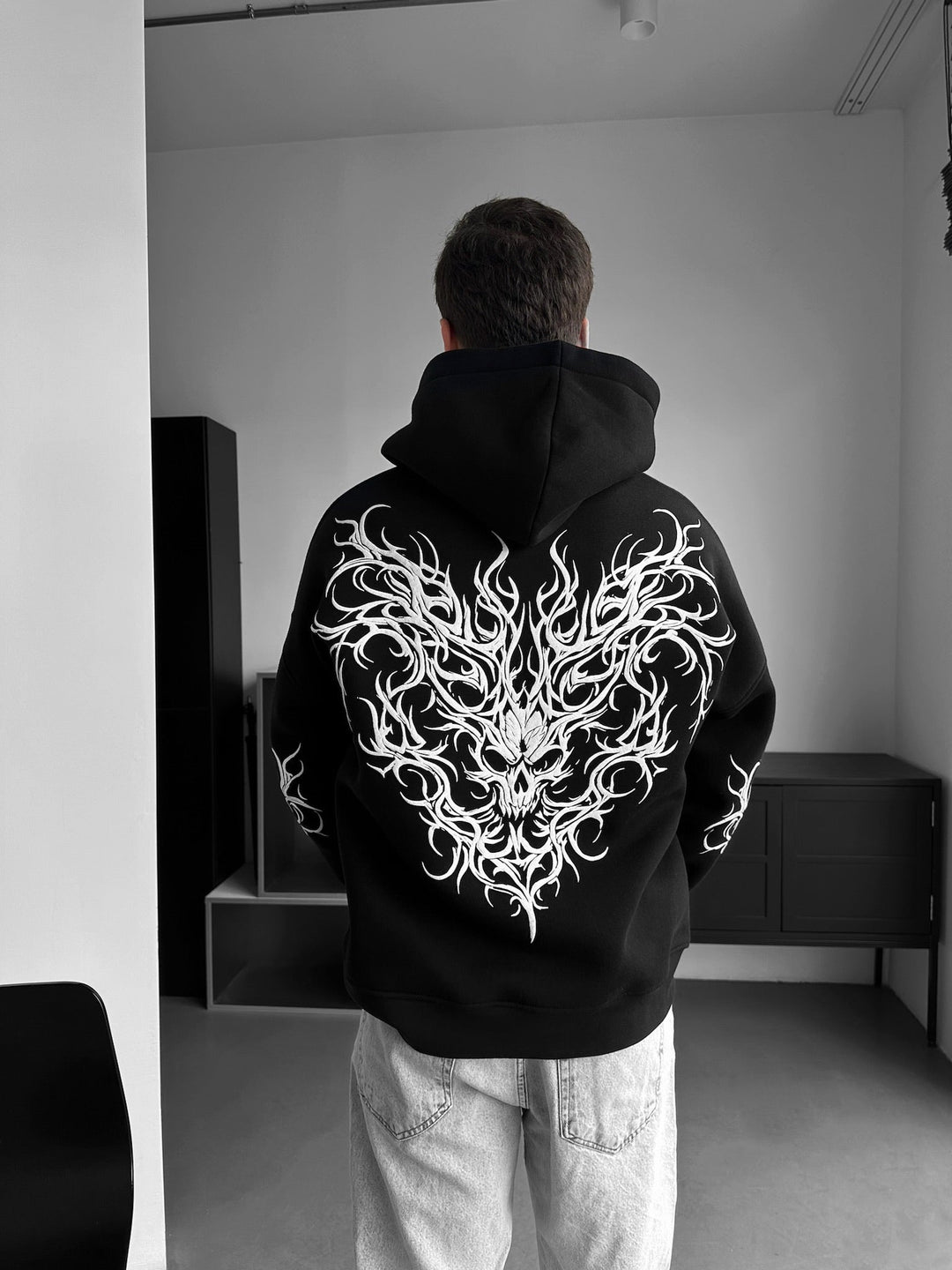 Oversize Tribal Skull Hoodie - Czarny