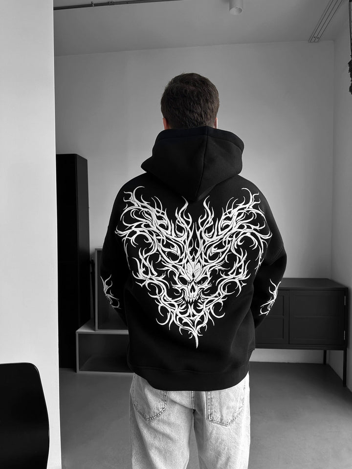 Oversize Tribal Skull Hoodie - Czarny