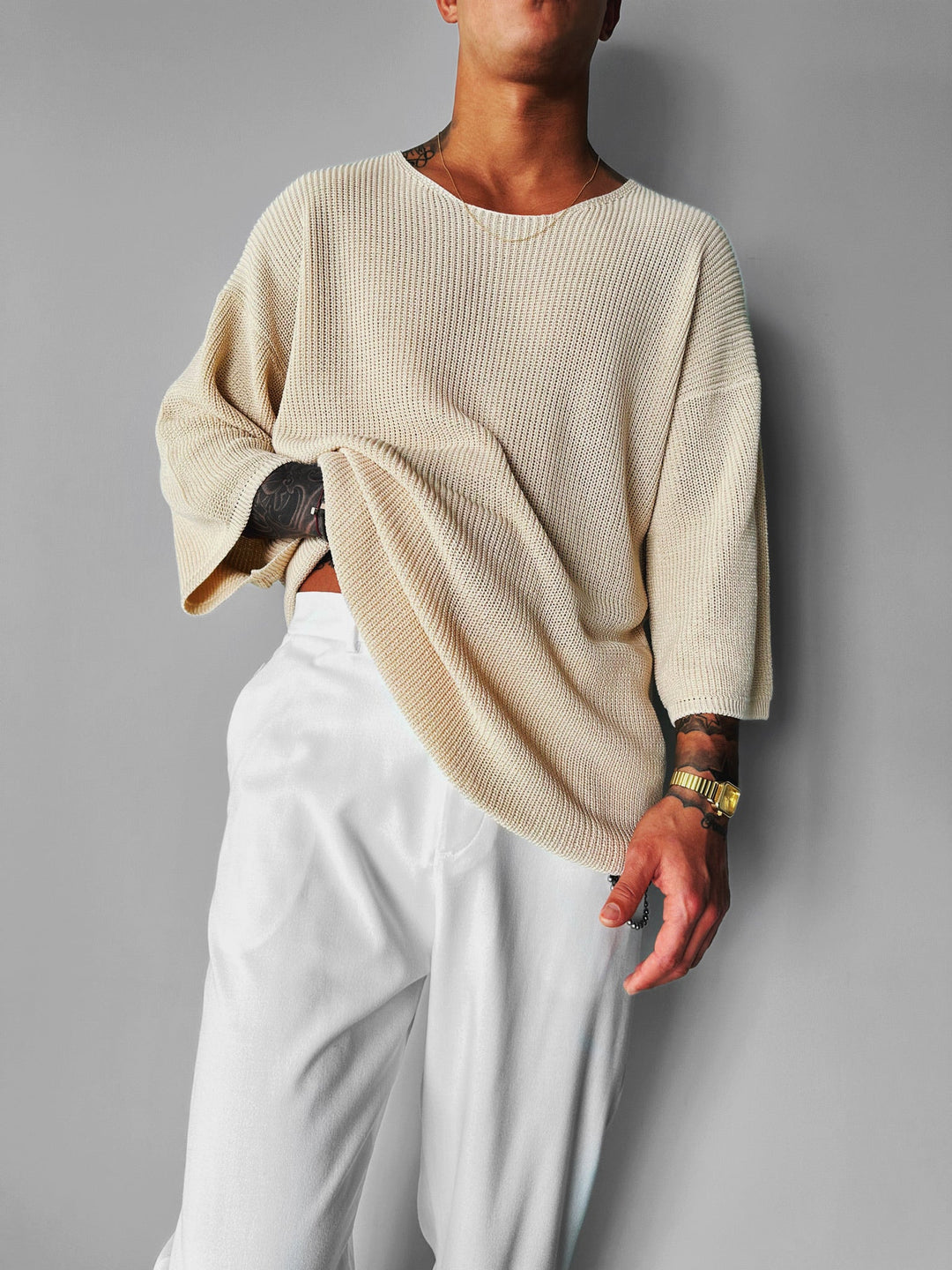 Oversize Długi T-Shirt Dzianinowy - Beżowy